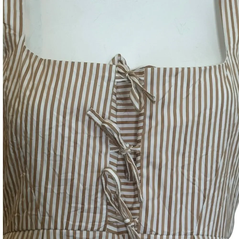 Thierry Colson Winifred Tie Front Midi Dress Cream & Tan Striped Cotton sz M - Picture 8 of 14